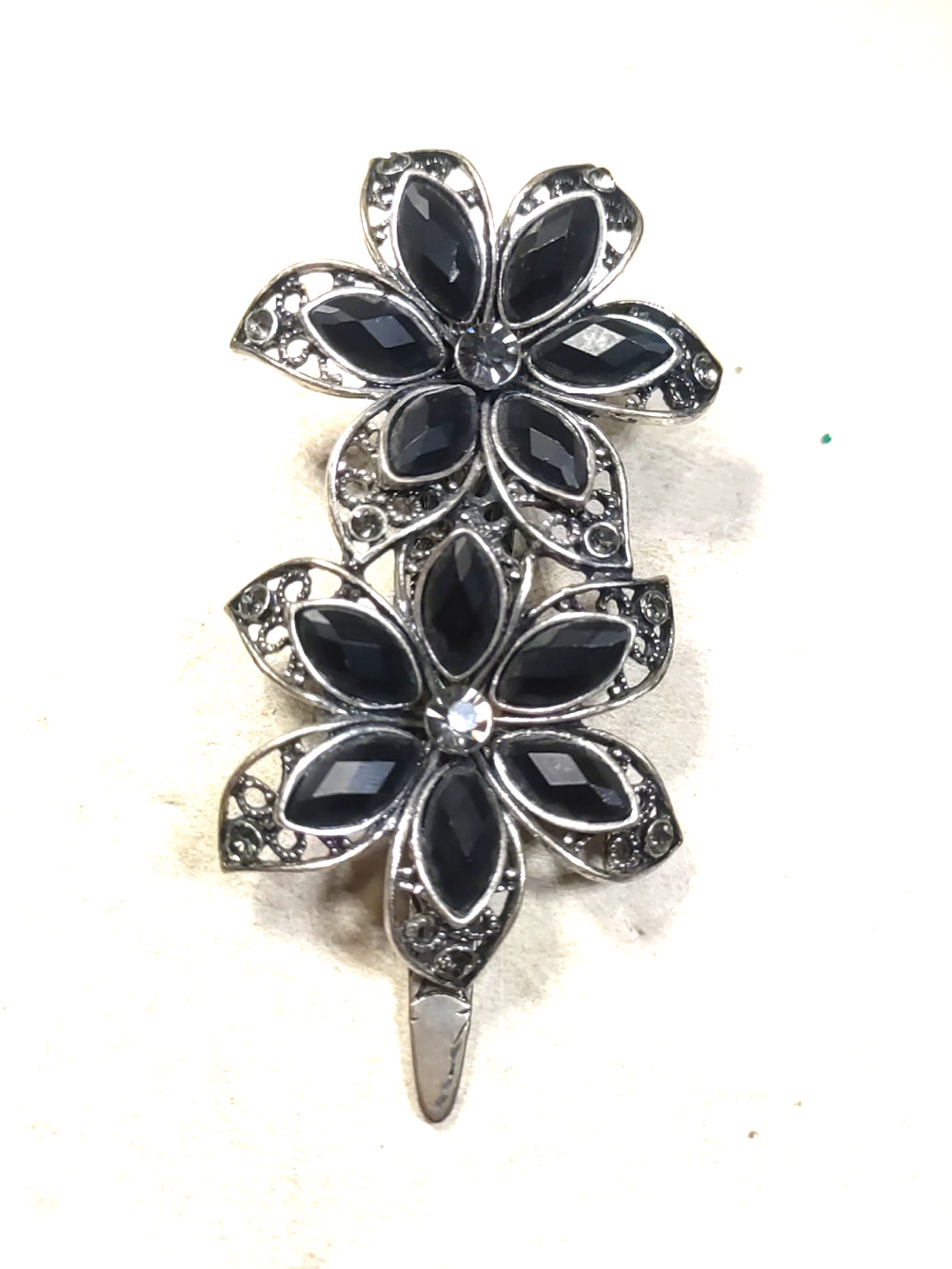 Hair Barrette Clip Black Rhinestone Floral Flowers Silver Tone Party Dance